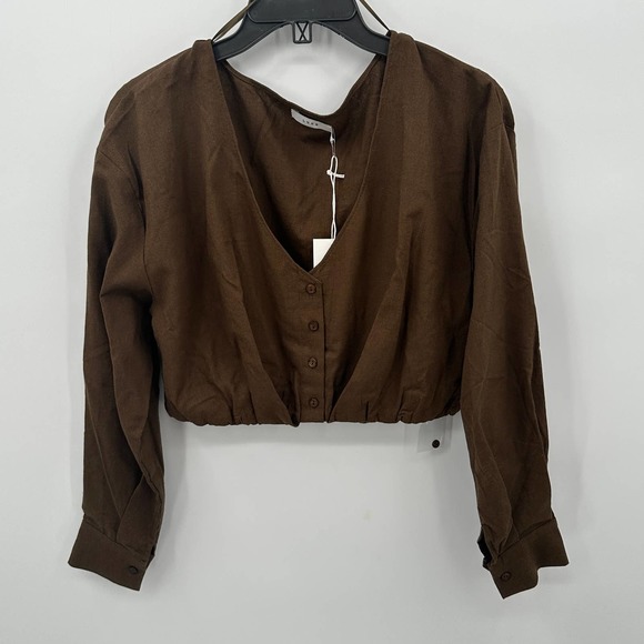 Lush Tops - Lush Women's Long Sleeve V-Neck Crop Top in Olive Size Medium